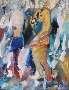 Langer Montag 3, Menschenmassen in der Fußgängerzone, gemalt mit Ölfarben