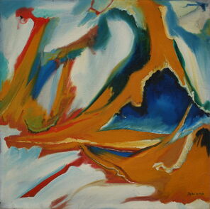 Abstraktes Bild in blau, rot, gelb, weiß und orange