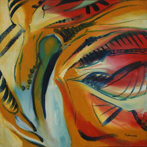 Abstraktes Bild in blau, rot, gelb, weiß und orange