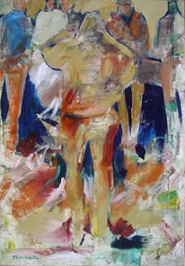 Langer Freitag 3, Menschenmassen in der Fußgängerzone, gemalt mit Ölfarben