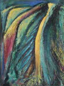 Abstraktes Bild in blau, rot, gelb, weiß und orange