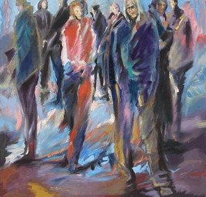 Langer Mittwoch 5, Menschenmassen in der Fußgängerzone, gemalt mit Ölfarben