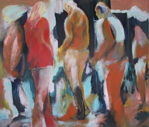 Langer Montag 5, Menschenmassen in der Fußgängerzone, gemalt mit Ölfarben