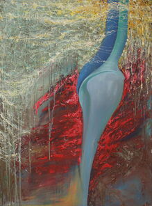 Abstraktes Bild in blau, rot, gelb, weiß, braun und orange