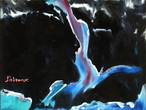 Abstraktes Bild in blau, rot, weiß und schwarz