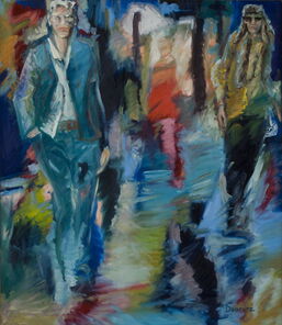 Langer Donnerstag 13, Menschenmassen in der Fußgängerzone, gemalt mit Ölfarben