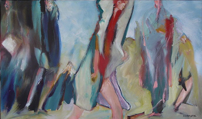 Langer Sonntag 2, Menschenmassen in der Fußgängerzone, gemalt mit Ölfarben