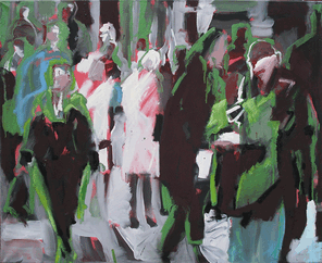 Langer Samstag 3, Menschenmassen in der Fußgängerzone, gemalt mit Ölfarben