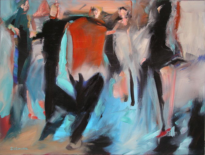 Langer Freitag 4, Menschenmassen in der Fußgängerzone, gemalt mit Ölfarben