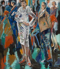 Langer Donnerstag 14, Menschenmassen in der Fußgängerzone, gemalt mit Ölfarben