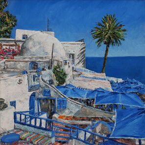 Landschaft mit Wasser und Stadt