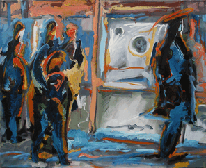 Langer Samstag 4, Menschenmassen in der Fußgängerzone, gemalt mit Ölfarben